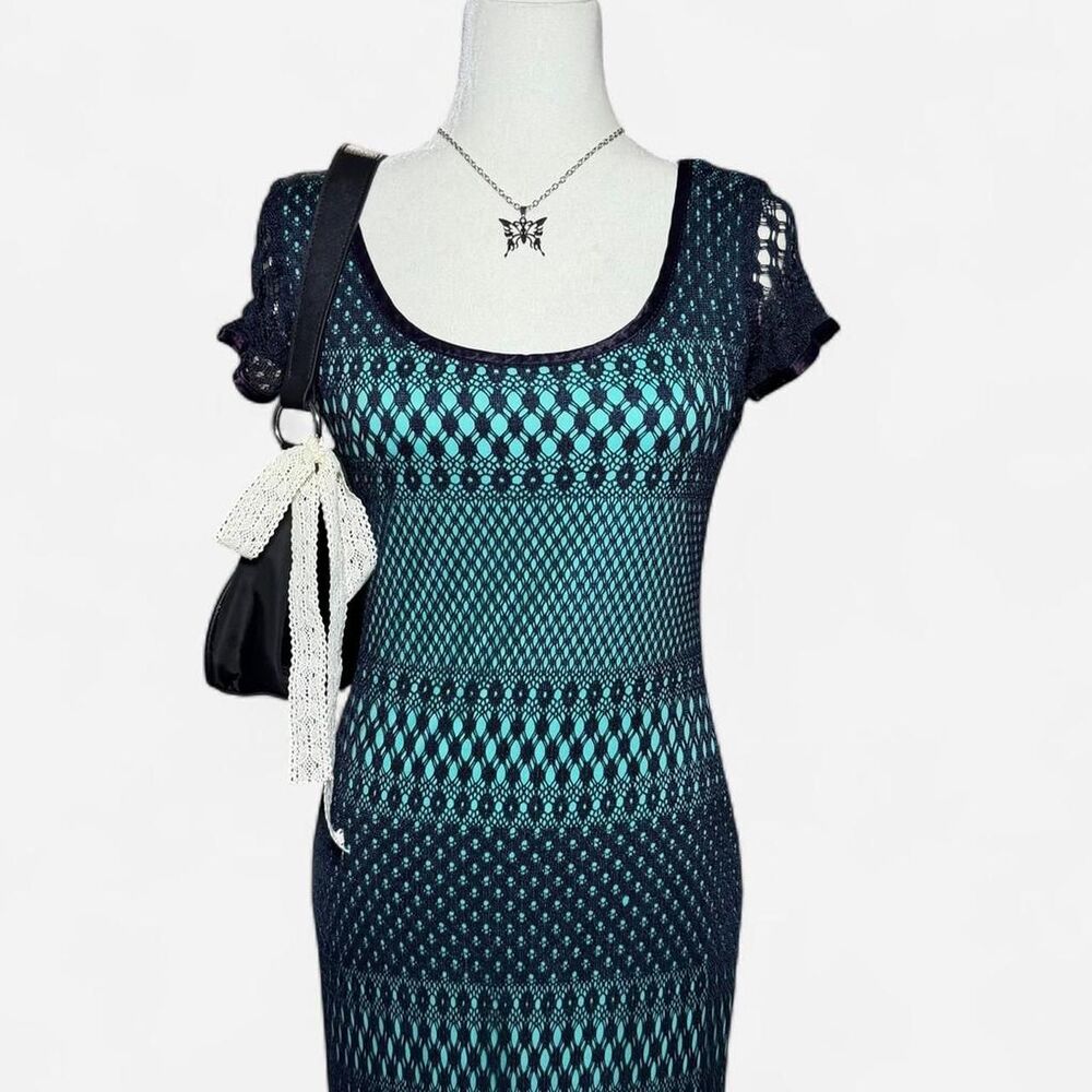 Vintage Y2K Breakin Loose Black Mesh Teal Overlay Maxi Dress